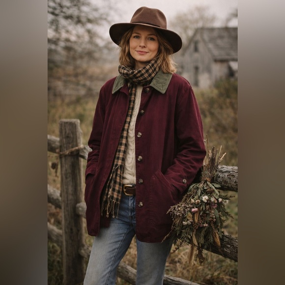 Lands' End Jackets & Blazers - Lands' End Burgundy Plaid Chore Utility Jacket Size Large